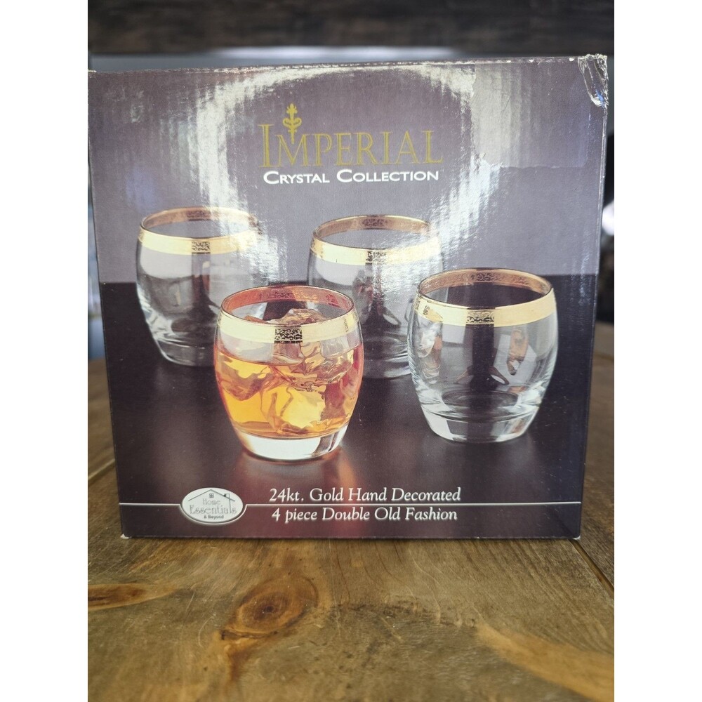 Imperial Crystal Double Old Fashioned Glasses, 4pc 24k Gold Hand Decorated
